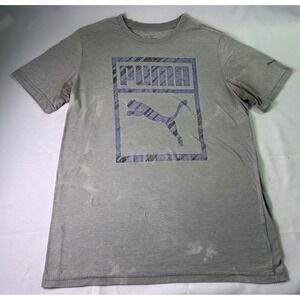 uma Mens T-Shirt Size Large Gray Grunge Distressed Bleach Stains Blue Logo Tee‎